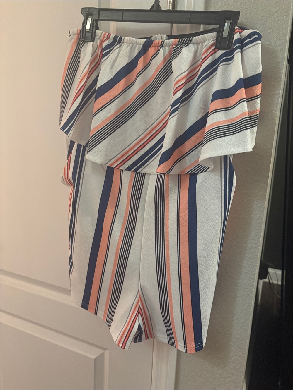 Off-Shoulder Striped Women’s Shorts Romper in White, Navy & Peach